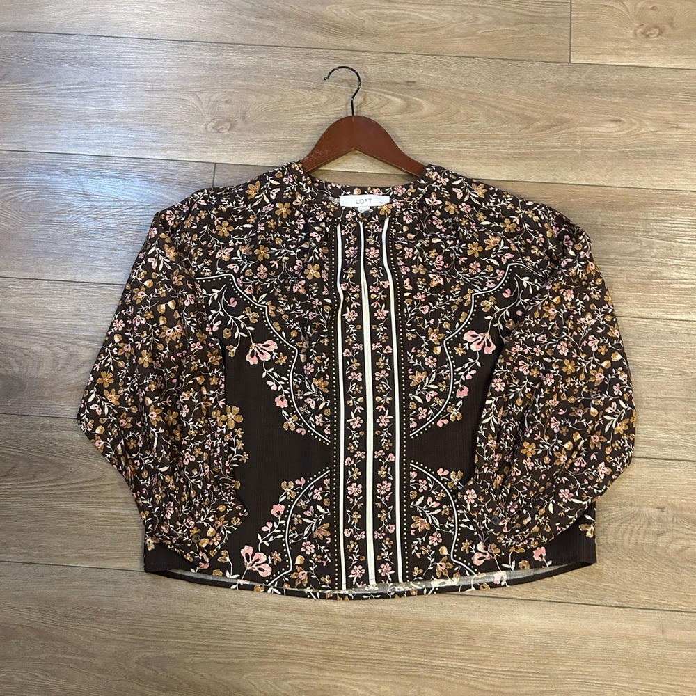 LOFT Black Floral Long-Sleeve Blouse